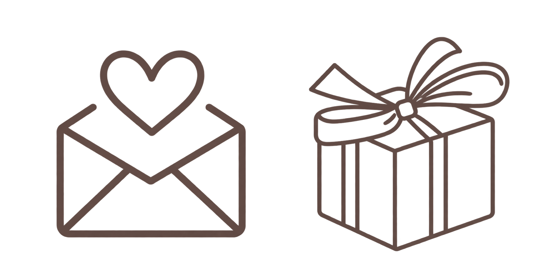 Sobre con un corazón y caja de regalo con moño